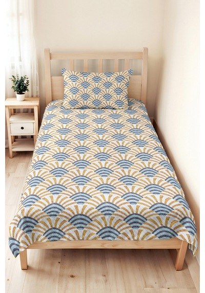 Geometrik Mavi Genç Odası Tek Kişilik Pike Takımı - Hardal Retro 160x220 Cm Kapitone Yatak Örtüsü Mat Pike Kırıntısı