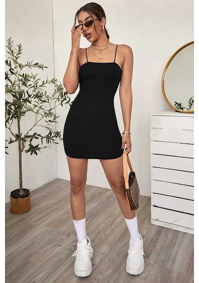 Merry See Askılı Vücudu Saran Şık Mini Elbise Siyah