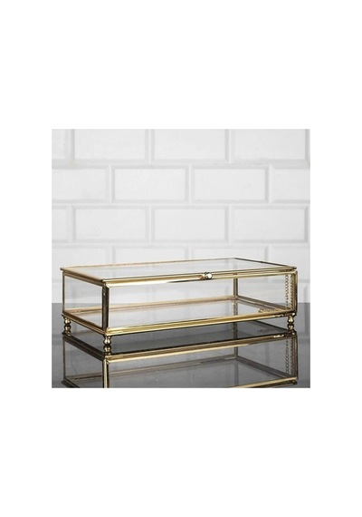 Cam Sandık, Cam Metal Çerçeveli Sunumluk Kapaklı Sandık, Çikolata Şeker Ve Takı Kutusu 25x15cm Altın Gold Gold