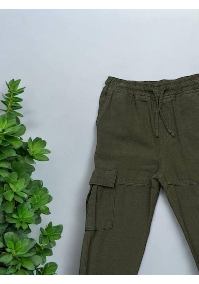 Jack Lions Erkek Çocuk Bel Paça Laslikli Keten Kargo Pantolon-14562 Haki