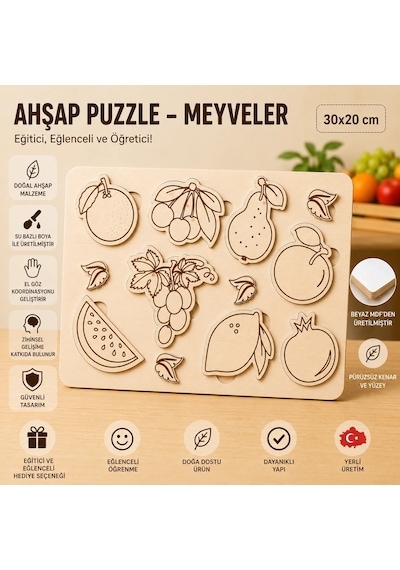 Ahşap Puzzle - Meyveler: Eğitici Ve Öğretici Okul Öncesi Zeka Oyunu 30x20 Cm
