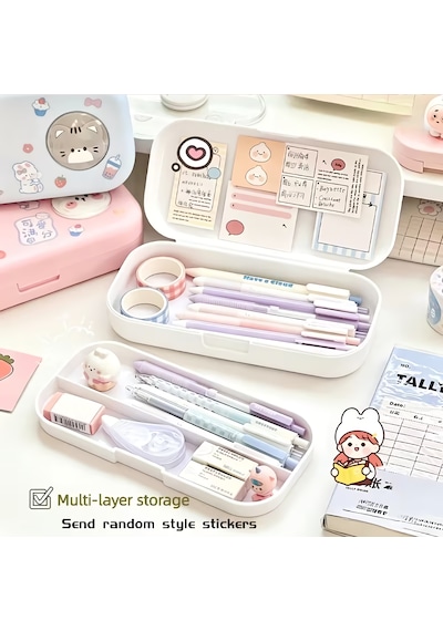 Sevimli Kawaii Figürlü Kalem Kutusu Çok Bölmeli Çift Katlı Büyük Kapasiteli Kalem Kutusu Sticker'lı Kalem Kutusu Sticker Yapıştırılabilir Kalemlik Sticker Kalemlik Beyaz