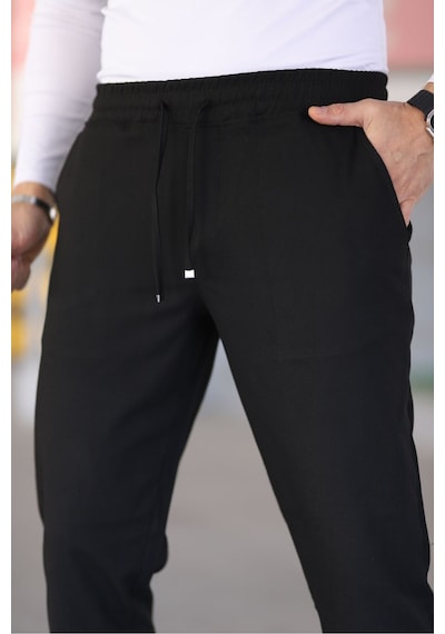 Bürke Erkek Siyah Renk Beli Lastikli Bağcıklı Esnek Fitted Jogger Pantolon Kumaş Pantolon