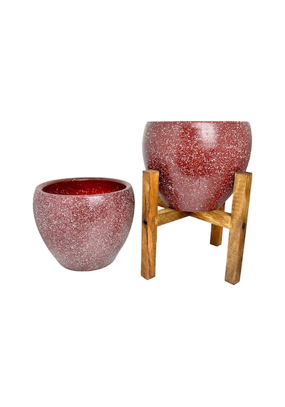 Bitki Tasarımı Ev Dekorasyon Bordo Granit Toprak Saksı Saksılık Salon Çiçeklik İkili Set Ayaksız - 4 Ayaklı- 15 CM