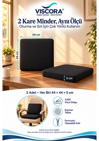 Visco Oturma Minderi Ve Sırt Destek Seti 2 Li Ofis Koltuğu Ve Sandalye Minderi 44 44 5 Cm Siyah