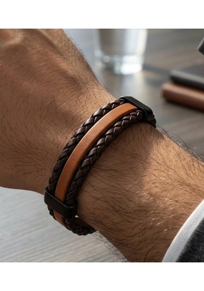 Taba Renk %100 Deri Özel Tasarım Erkek Bileklik 21 Cm Türk El Üretimi