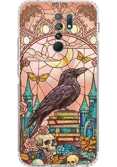 Printify Redmi 9 İle Uyumlu Vitray Bilge Kuzgun Tasarımlı Şeffaf Silikon Kılıf Şeffaf