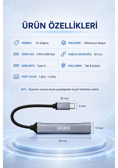 Type-c 4 Port Usb Hub Çoklayıcı, 1 Usb 3.0 Ve 3 Usb 2.0 Girişli Otg Adaptör, Klavye Mouse Usb Bellek Harici Disk Uyumlu, Alüminyum Gövde, Mac Windows Linux N613