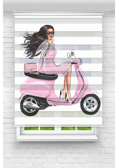 Perdeoutlet38 Baskılı Renkli Motosikletli Kız Dijital Baskılı Zebra Perde-cocuk Odası-stor Perde Model:pz-2613 Çok Renkli
