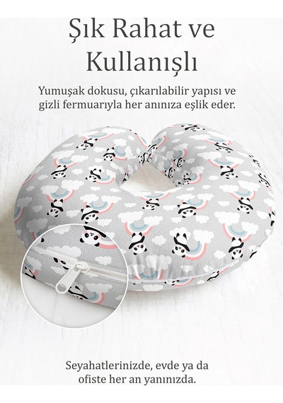 Panda Bulutlu Gökkuşağı Desenli Ergonomik Boyun Yastığı - Sevimli Pastel Gri Pembe Seyahat Yastığı Çok Renkli