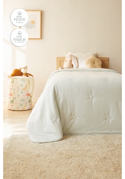 Ocean Home Textile %100 Pamuk Penye Mint Yıldız Nakışlı Çocuk Tek Kişilik Çok Amaçlı Örtü 155 X 215 Cm Mavi