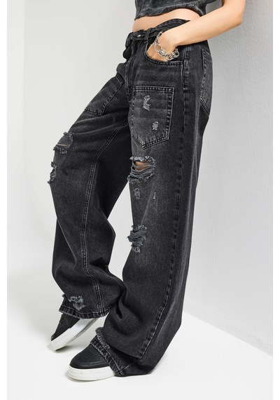Itsbasic Kadın Koyu Füme 10s6-1 Süper Baggy Kemer Ve Yırtık Detaylı Özel Tasarım Denim Jean Itsbasic Kadın Koyu Füme 10s6-1 Süper Baggy Kemer Ve Yırtık Detaylı Özel Tasarım Denim Jean