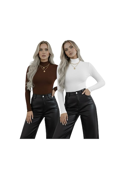 Hashtag Kadın Balıkçı Yaka Uzun Kollu Body 2'li Set Viskon Kumaş Kahverengi Beyaz