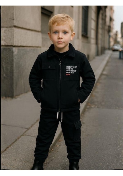 Zekids Erkek Çocuk Scuba Kumaş İçi Şardonlu Beli Paçası Lastikli Kargo Pantolon-16322 Siyah