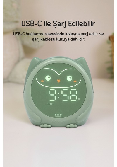 Cloud-b Melodili Sensörlü Masa Saati Uyku Eğitmeni 13x12x10 Cm Haki Yeşil