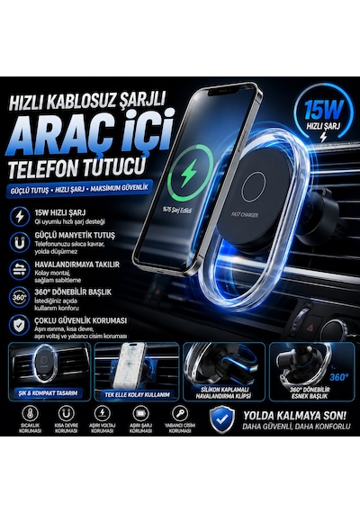 Hızlı Şarj Destekli Kablosuz Şarj Özellikli Araç İçi Havalandırma Telefon Tutucu Tüm Araçlara