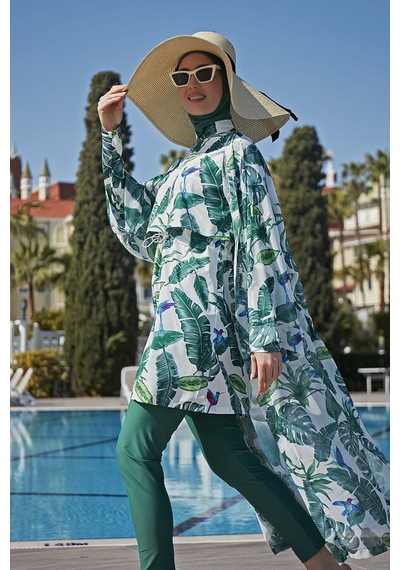 Remsa Mayo Remsa Tesettür Mayo Üzerine Tek Kaftan Kimono Pareo Rp017 Yeşil Yapraklar Yeşil
