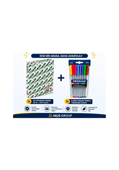 Copierbond A4 Fotokopi Kağıdı 80 Gr 500 Yaprak + Pensan Triball 8 Renk Tükenmez Kalem Avantajlı Ofis