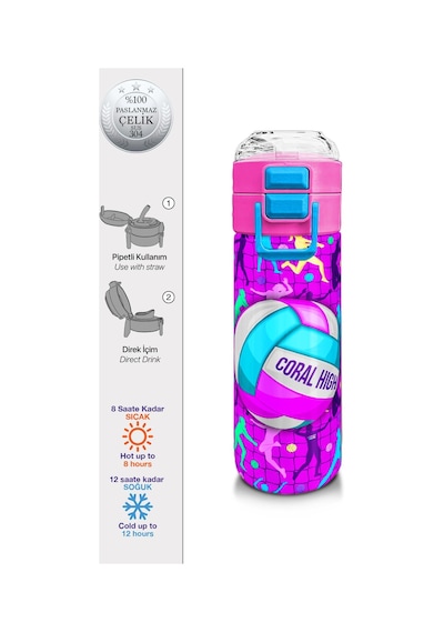 Coral High Kids Pembe Mor Voleybol Desenli Pipetli Ve Direkt İçim Çelik Termos 500 Ml 31795 Pembe - Turkuaz