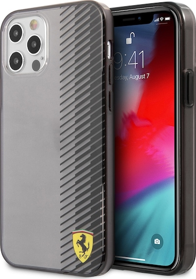 Apple Uyumlu iPhone 12 Pro Max Kılıf Ferrari Lisanlı Klasik Metal Logolu Transparan Çizgi Desenli Gradient Siyah