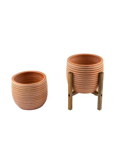 Bitki Tasarımı Ev Dekorasyon Yan Çizgi Desenli Toprak Saksı Saksılık Salon Çiçeklik İkili Set Ayaksız - 4 Ayaklı- 19 CM