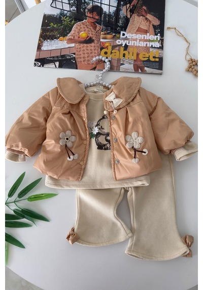 Minigimin Cicileri Çiçek Aplikeli Montlu Tavşan Baskılı Kız Bebek 3 Lü Takım - Camel
