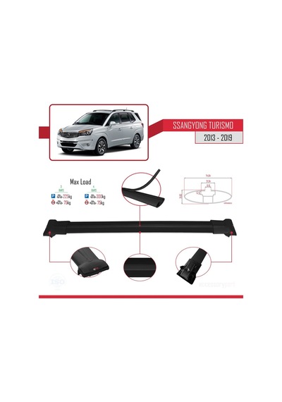 Ssangyong Turismo 2013-2019 Arası İle Uyumlu Fly Model Ara Atkı Tavan Barı Siyah 3 Adet Bar