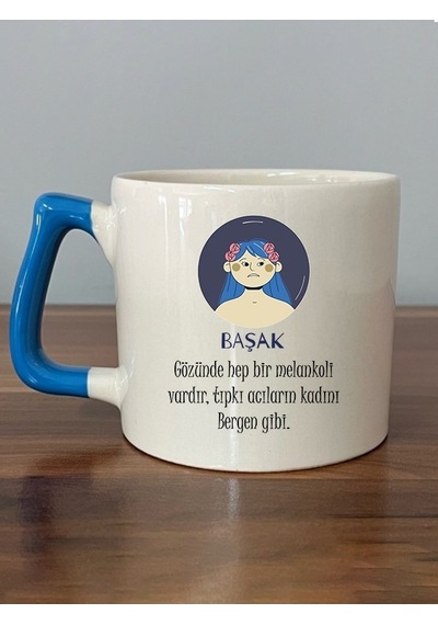 Mor Mürekkep Başak Burcu Ve Onla Alakalı Komik Açıklama Baskılı Mavi Kulplu D Kupa
