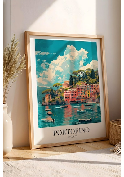 Portofino Italy Vintage Seyahat Posteri Çerçeveli Tablo - Premium Akdeniz Sahil Elit Duvar Dekoru Kayın