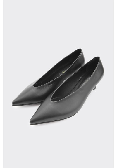Derinet Hakiki Deri Kısa Topuklu Kadın Stiletto Siyah Siyah