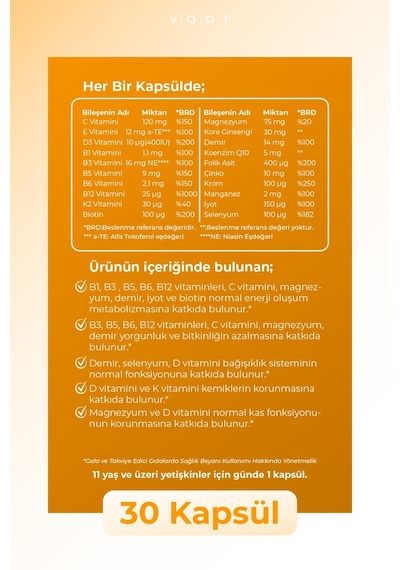 Voop Multivitamin Multimineral Takviye Edici Gıda 30 Kapsül