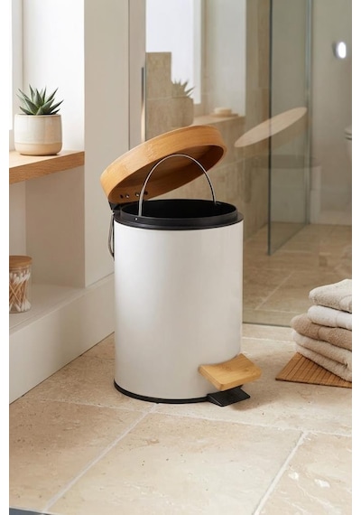 Bambu Kapaklı Mutfak Ve Banyo İçi Pedallı Bambu Çöp Kovası - Paslanmaz Beyaz Metal Çöp Kovası