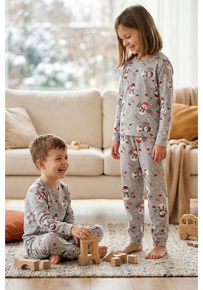 Zuzunga Unisex Yılbaşı Temalı Cute Kardan Adam Desenli Çocuk Pijama Takımı Gri