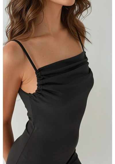 Hiccup Degaje Yaka Bodycon Midi Elbise Siyah