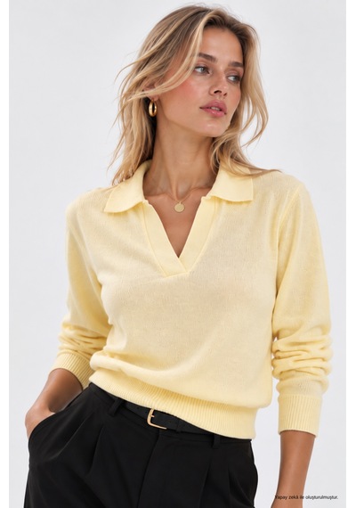 Wild Bee Kadın Sarı Polo Yaka Uzun Kollu Triko Bluz
