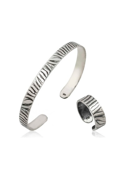 Gümüş Zebra Desenli Bileklik Ve Yüzük Set (551170875)