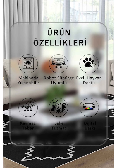 Yıkanabilir Kaymaz Taban Dijital Baskılı Halı Ve Yolluk Leke Tutmaz Salon & Mutfak Halısı - 0533 Siyah