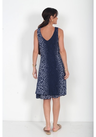 By Saygı Kadın İtalyan Cotton Leopar Desenli Astarlı Sıfır Kol Midi Elbise Lacivert