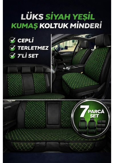 Tegin Üniversal Uyumlu Kumaş Koltuk Minderi Kapitone Desen Terletmez Yedili Set Siyah Yeşil