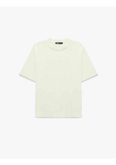 Koton Kısa Kollu Pamuklu Tok Kumaş Bisiklet Yaka Oversize Basic Tişört Ekru 6sam10385mk