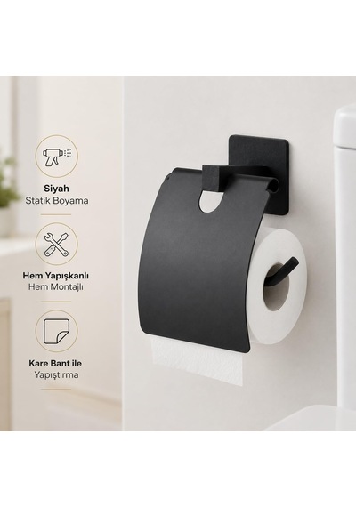 Kare Kapaklı Tuvalet Kağıtlığı Siyah, Yapışkanlı Ve Vidalı Montajlı Metal Wc Kağıtlık, Modern B