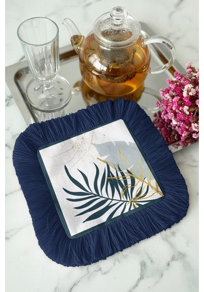 Lüks Yaprak Motifli Saçaklı Sunum Peçetesi - Tropikal Bohem Lacivert Kenarlı Bardak Altlığı Mendil Çok Renkli