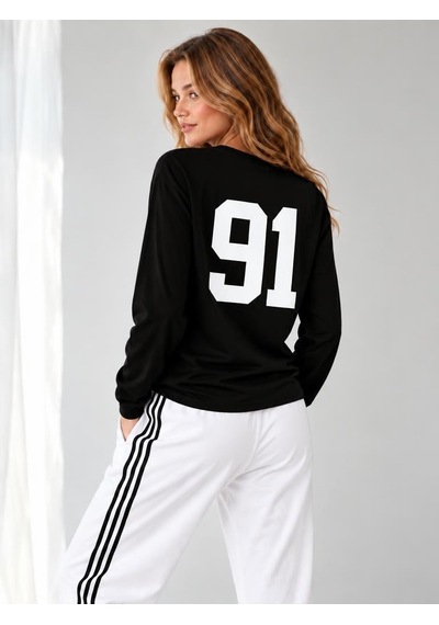 Nealirsanall.com Kadın "91" Baskılı Uzun Kollu İnce Sweatshirt / Body Siyah