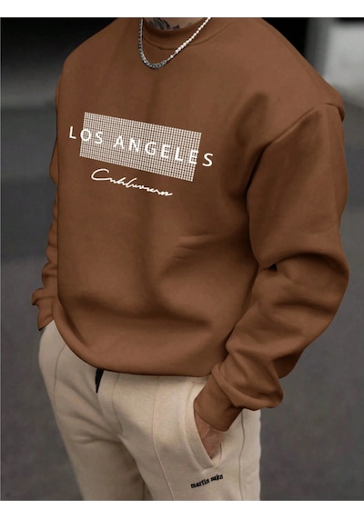 Startmore Kahverengi Unisex Kadın/erkek Detaylı Los Angeles Özel Baskılı Renkli Oversize Bisiklet Yaka Pamuklu