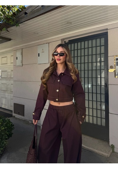 Laluvia Mürdüm Kot Crop Ceket Pantolon Takım - 51244 Mürdüm