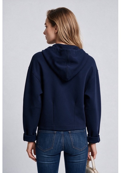 Bsb Kadın Kapüşonlu Fermuarlı Kısa Sweatshirt Hırka Kristal Taş İşlemeli İpli Mavi