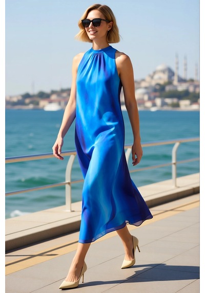Benerly Kadın Kolsuz Halter Yaka Şifon Maxi Elbise Soyut Desen Astarlı Dü Çok renkli