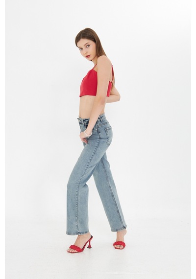 Kutaf Açık Mavi Yüksek Bel Geniş Paça Bol,salaş Palazzo Jeans Açık Mavi