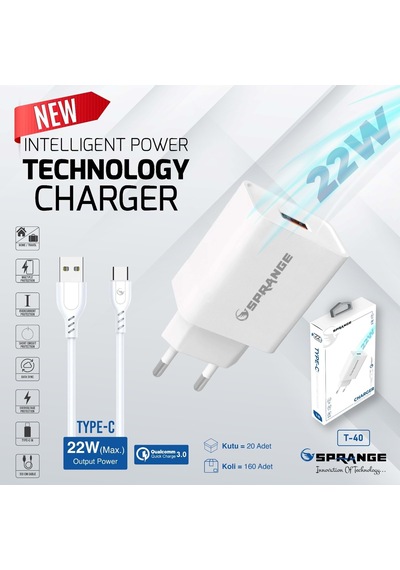 Sprange T-40 22w Usb-a Başlık - Type-c Data & Şarj Usb Kablo Type-C 3.0A Hızlı Şarj Başlığı+Kablo