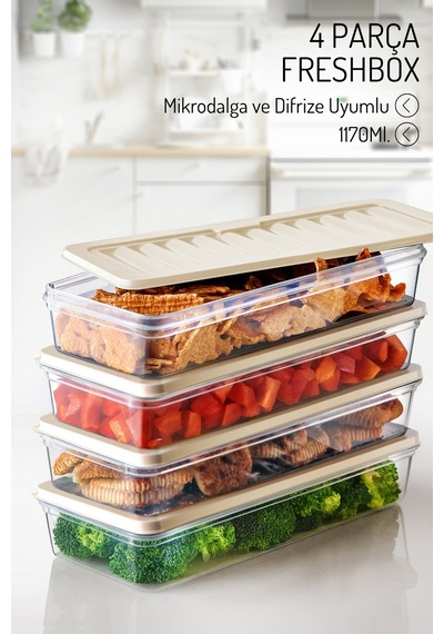 4 Adet 1170ml. Freshbox Saklama Kabı Seti - Mikrodalga Ve Difrize Uyumlu Krem